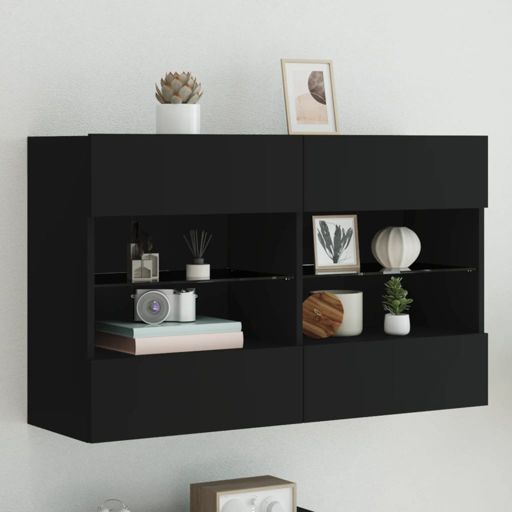 Vetonek Mueble de TV de pared con luces LED negro 98,5x30x60,5 cm