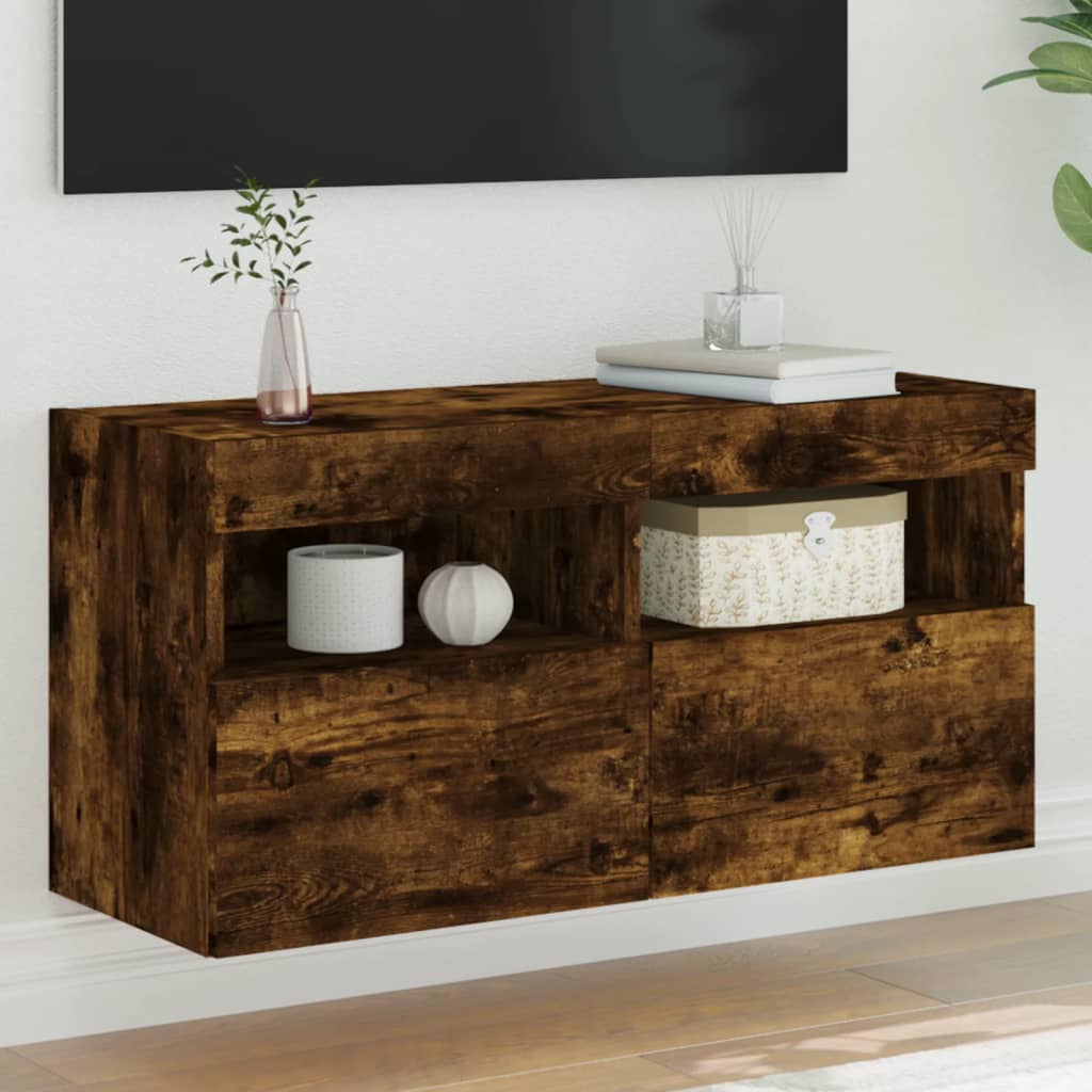 Vetonek Mueble de TV de pared con luces LED roble ahumado 80x30x40 cm