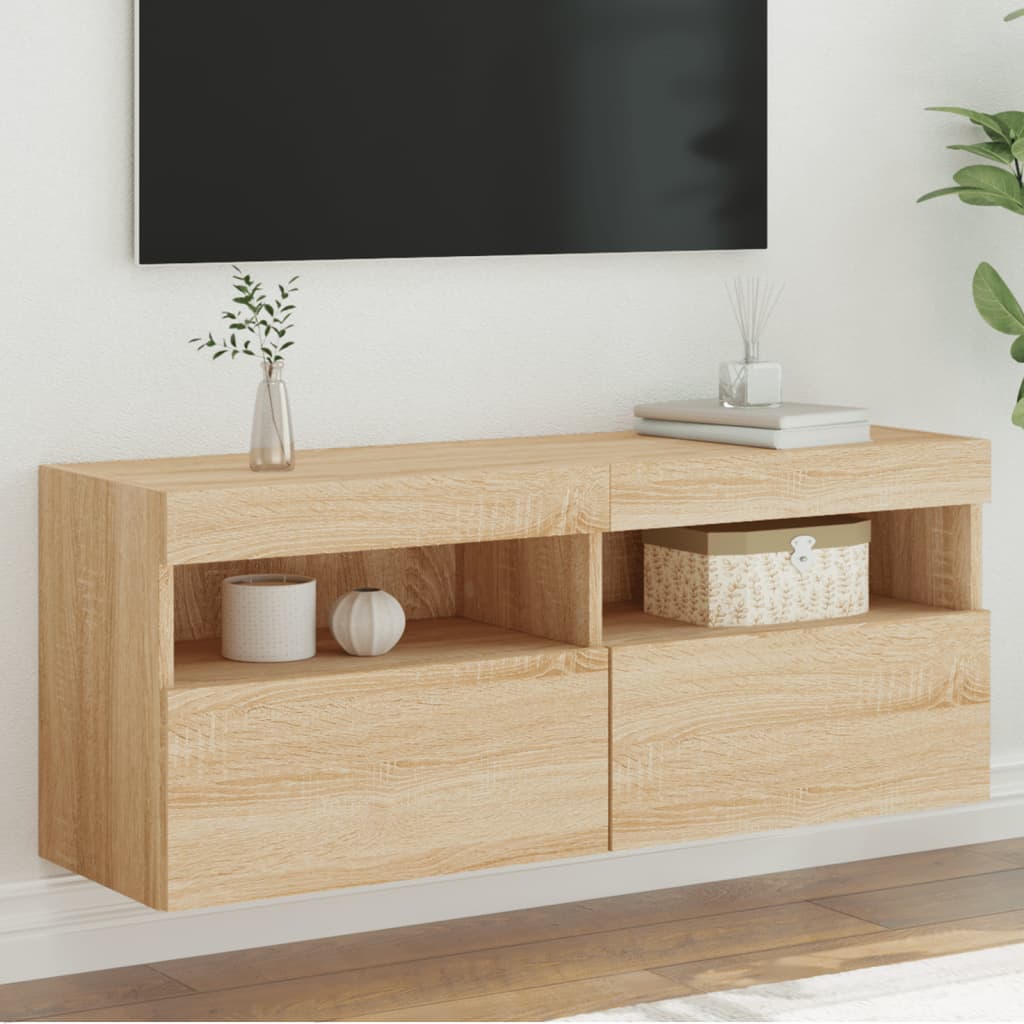 Vetonek Mueble de TV de pared con luces LED roble Sonoma 100x30x40 cm