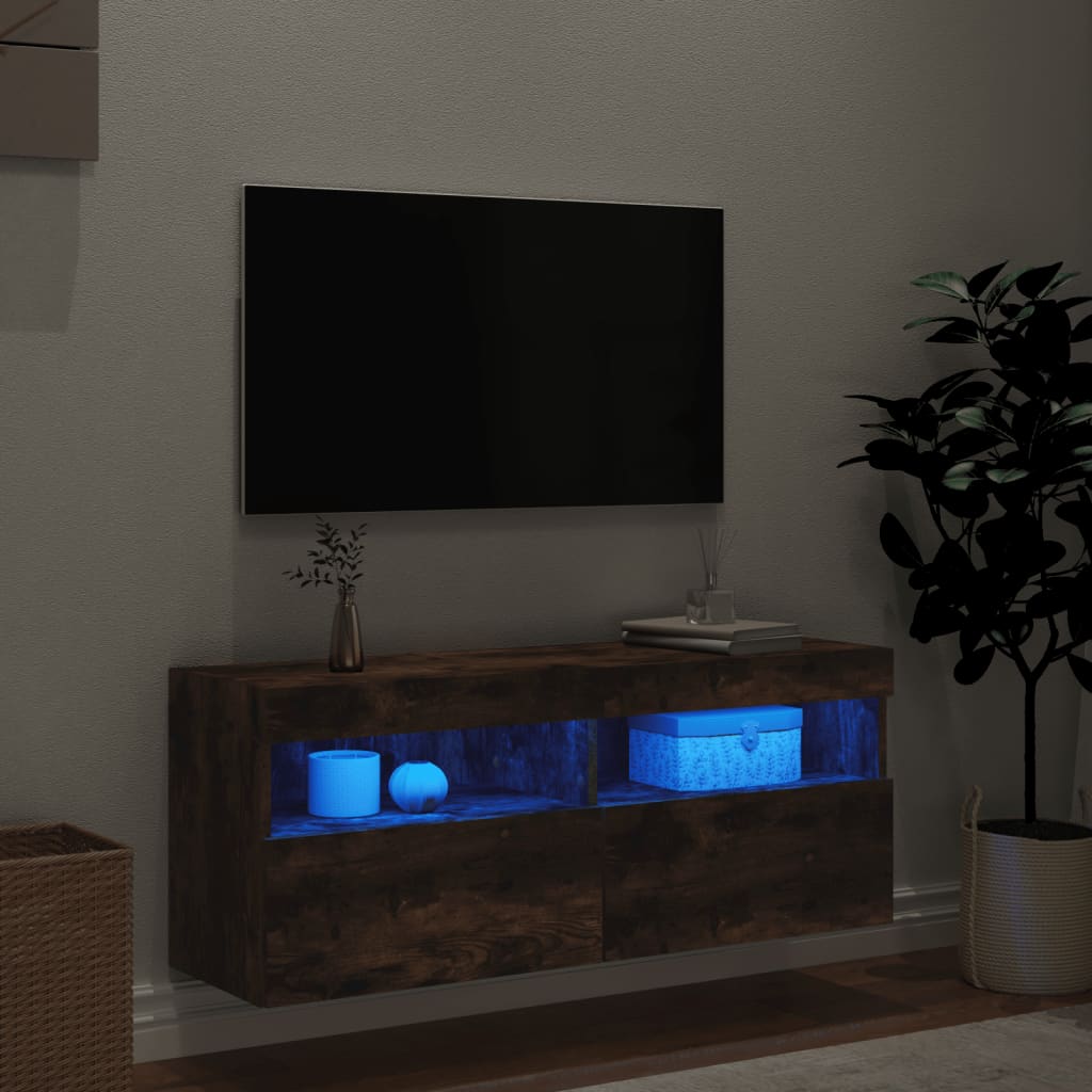 Wall TV cabinet with Ahumado oak lights 100x30x40 cm V15