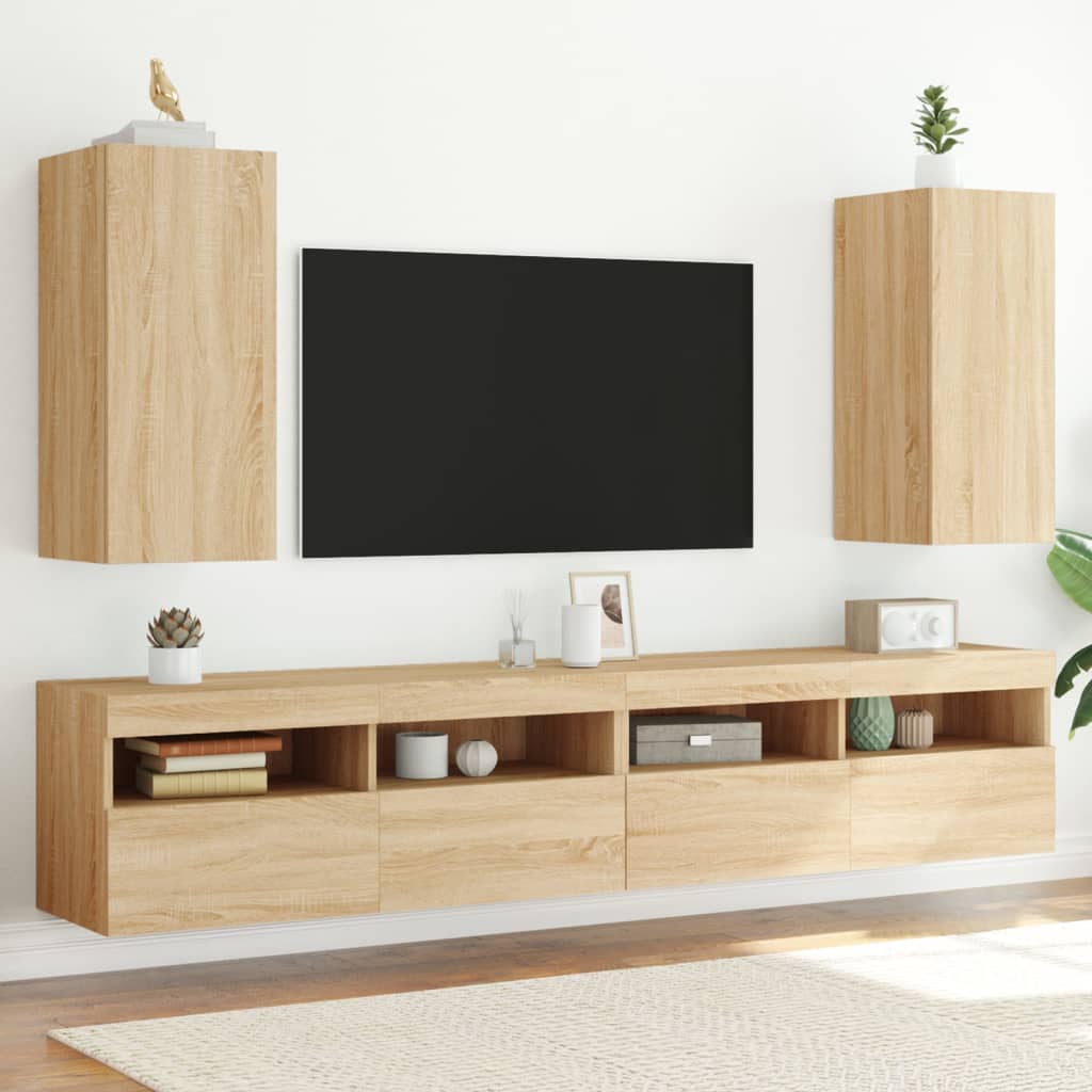 Vetonek Muebles de TV pared luces LED 2 uds roble Sonoma 30,5x35x70 cm