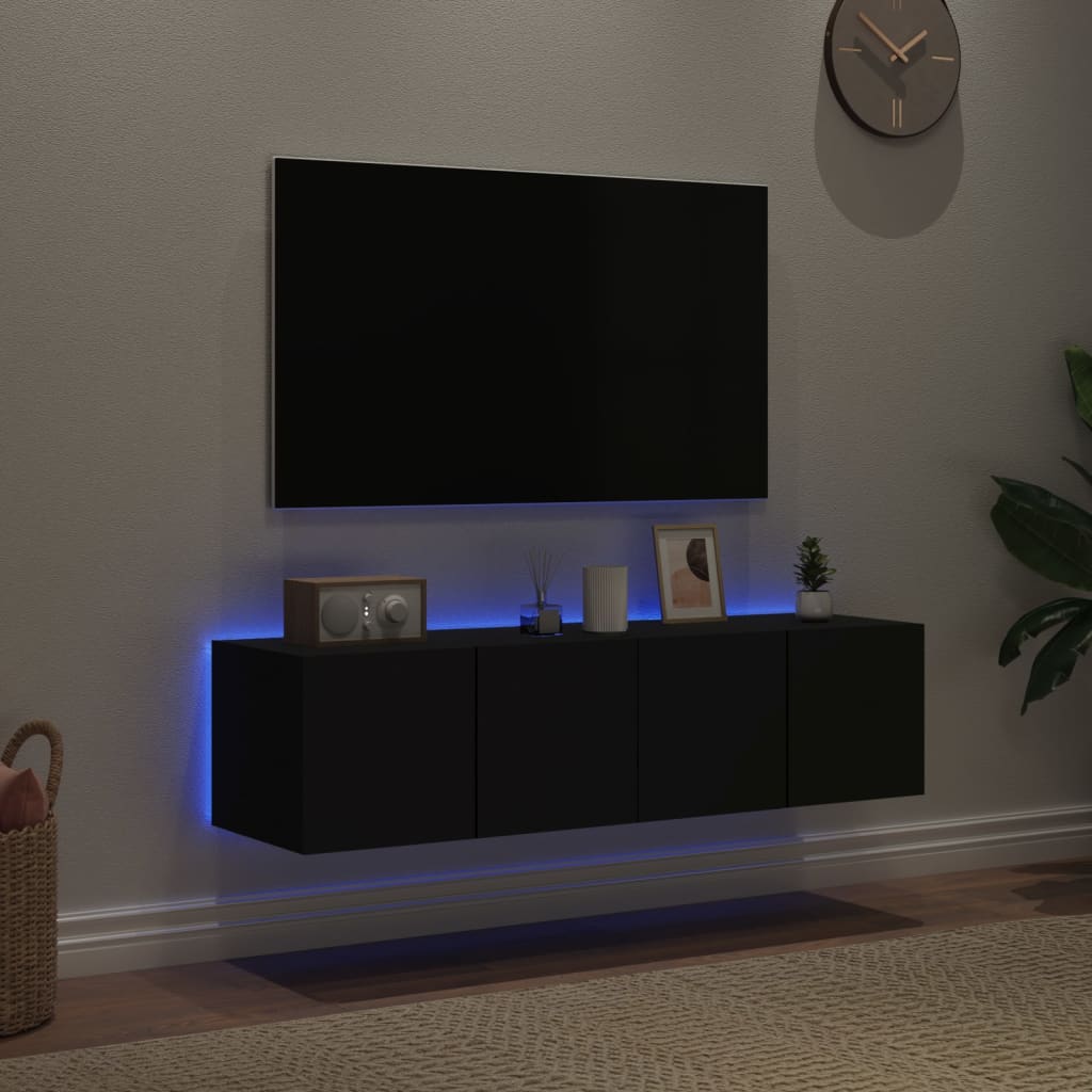 Muebles de TV de pared con luces LED 2 uds negro 60x35x31 cm