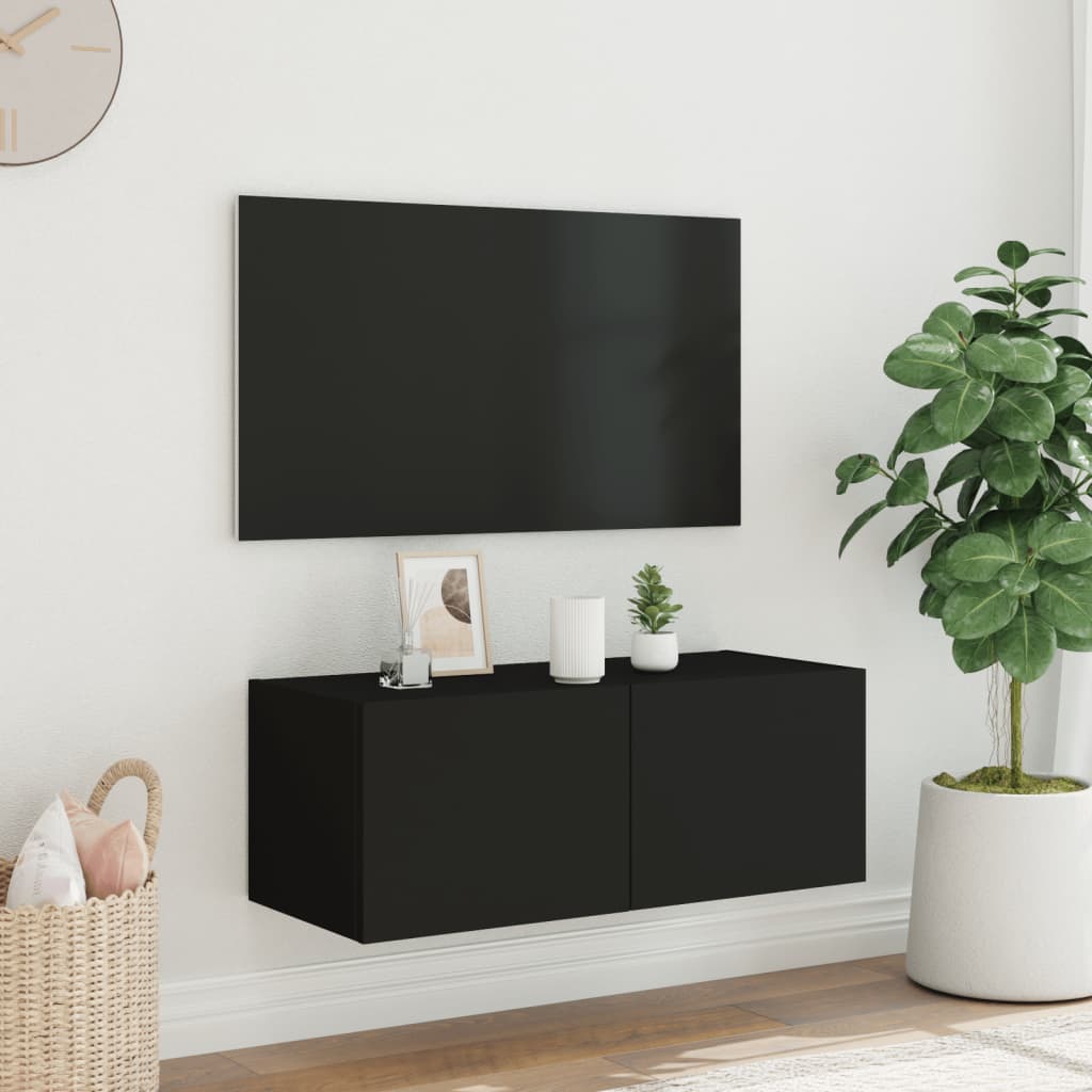 Móveis de TV de parede com luzes LED pretas 80x35x31 cm v83