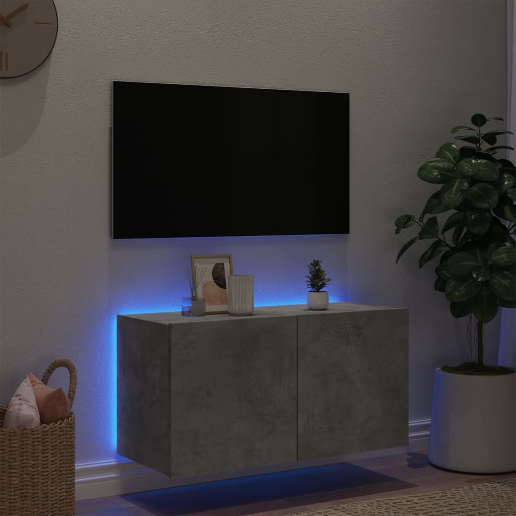 Mueble de TV de pared con luces LED gris hormigón 80x35x41 cm V19