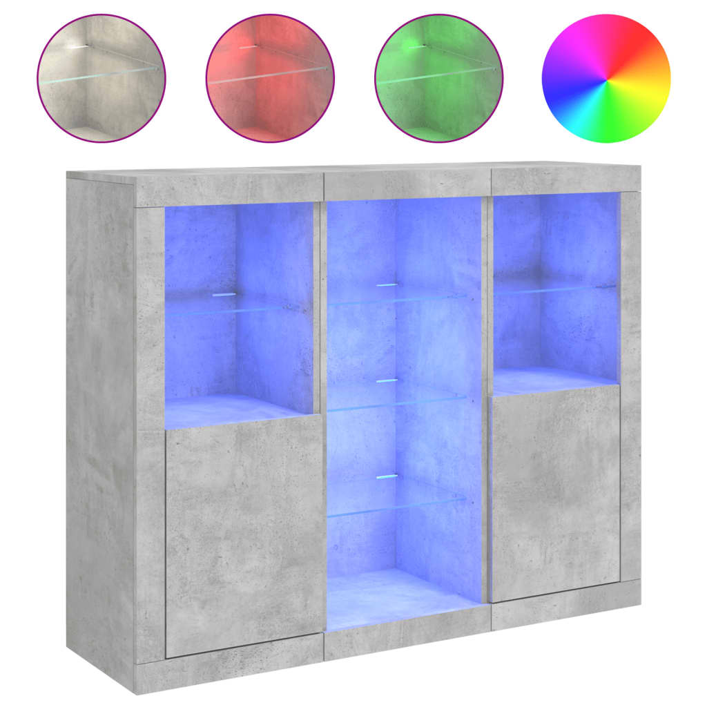 Aparador con luz LED 3 pzas madera de ingeniería gris hormigón