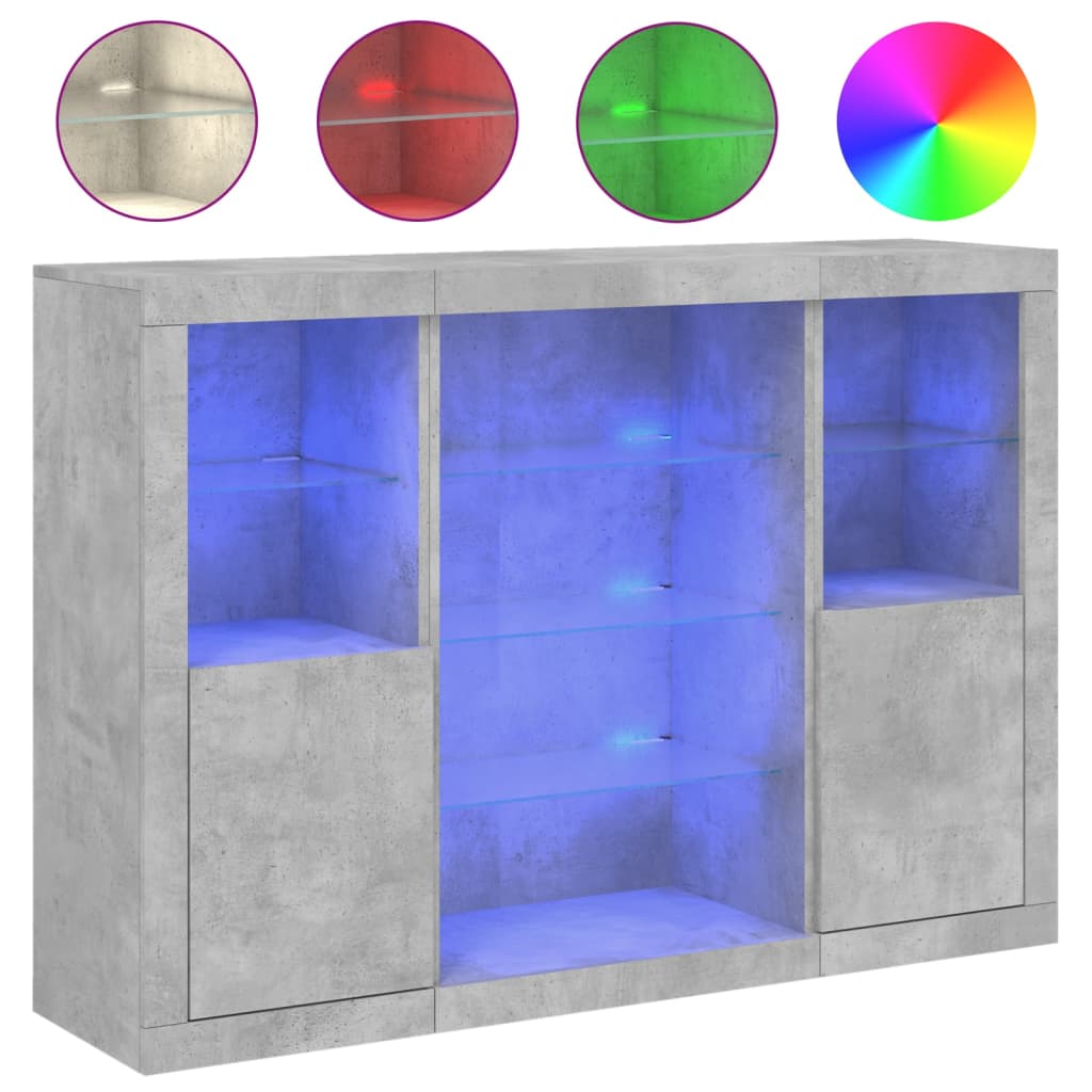 Aparador con luz LED 3 pzas madera de ingeniería gris hormigón