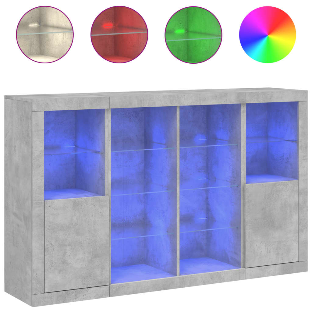 Aparador con luz LED 3 pzas madera de ingeniería gris hormigón