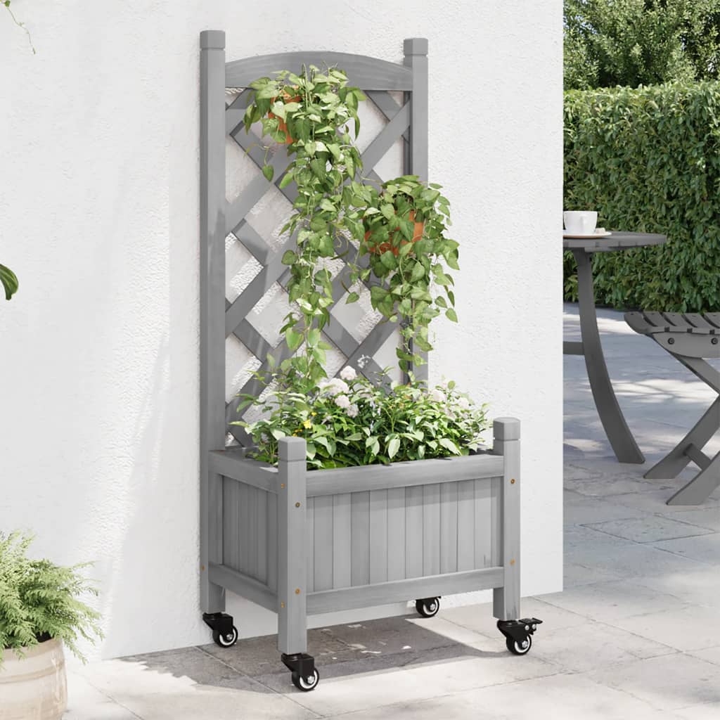 Vetonek Jardinera con enrejado y ruedas madera maciza de abeto gris