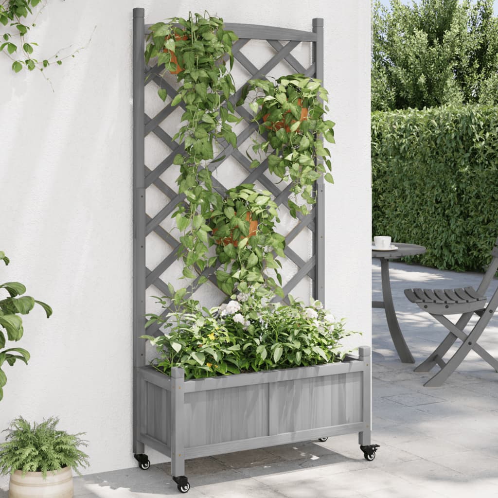 Vetonek Jardinera con enrejado y ruedas madera maciza de abeto gris