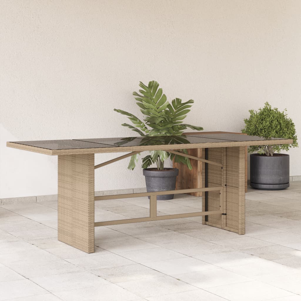 Vetonek Mesa de jardín superficie de vidrio ratán PE beige 190x80x74 cm