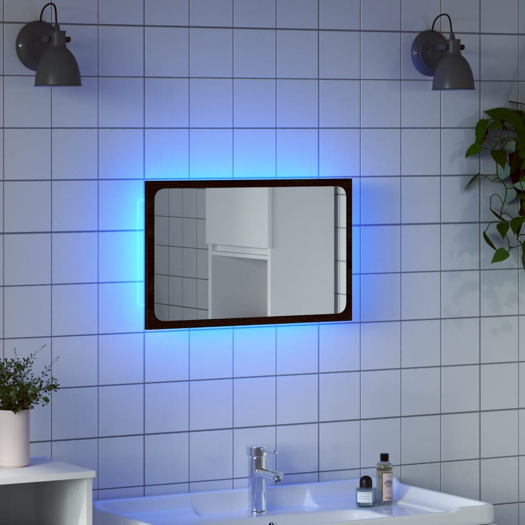 Vetonek Espejo de baño LED madera ingeniería marrón roble 60x8,5x38 cm