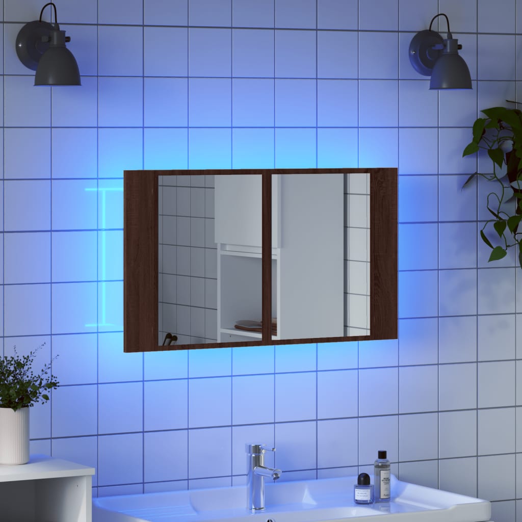 Armario espejo de baño led acrílico marrón roble 80x12x45 cm v4366 - Vetonek