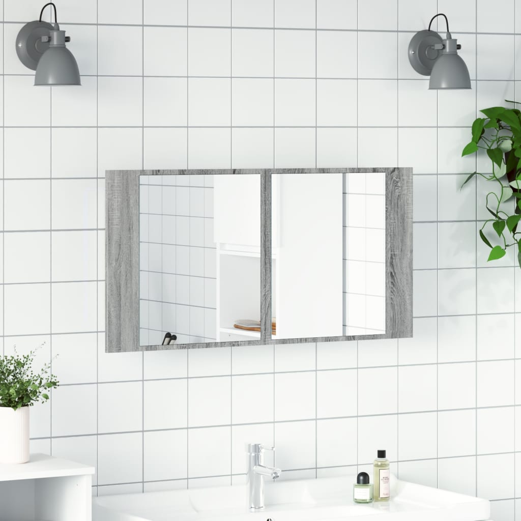 Armario espejo de baño luz led acrílico gris sonoma 90x12x45 cm v4434 - Vetonek