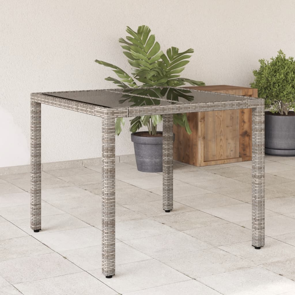 Vetonek Mesa de jardín superficie de vidrio ratán PE gris 90x90x75 cm