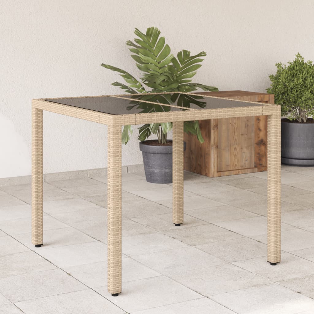 Vetonek Mesa de jardín superficie de vidrio ratán PE beige 90x90x75 cm