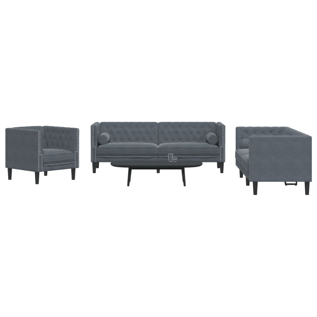 Vetonek Set sofás Chesterfield con cojines 3 pzs terciopelo gris oscuro