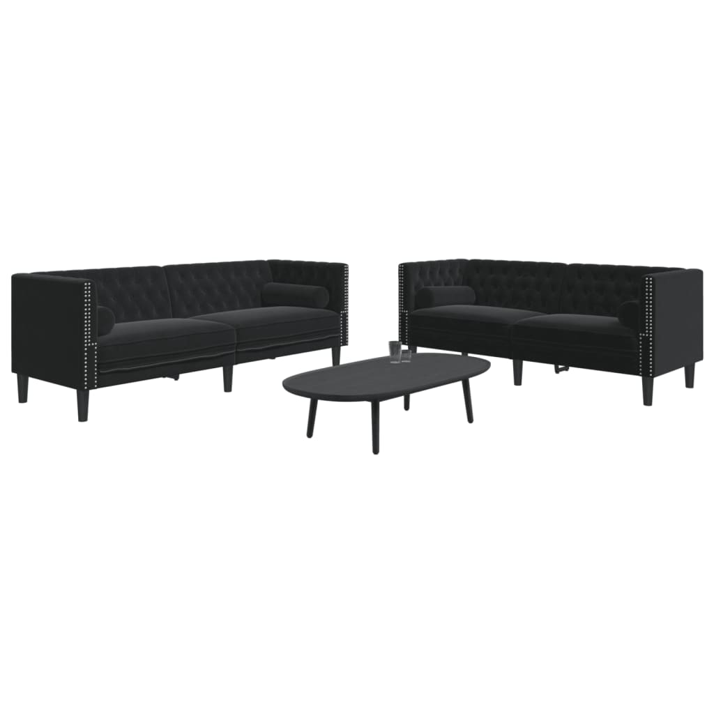 Set de sofás Chesterfield de 2 piezas en terciopelo negro con mesa de centro, ideal para la comodidad en el hogar.