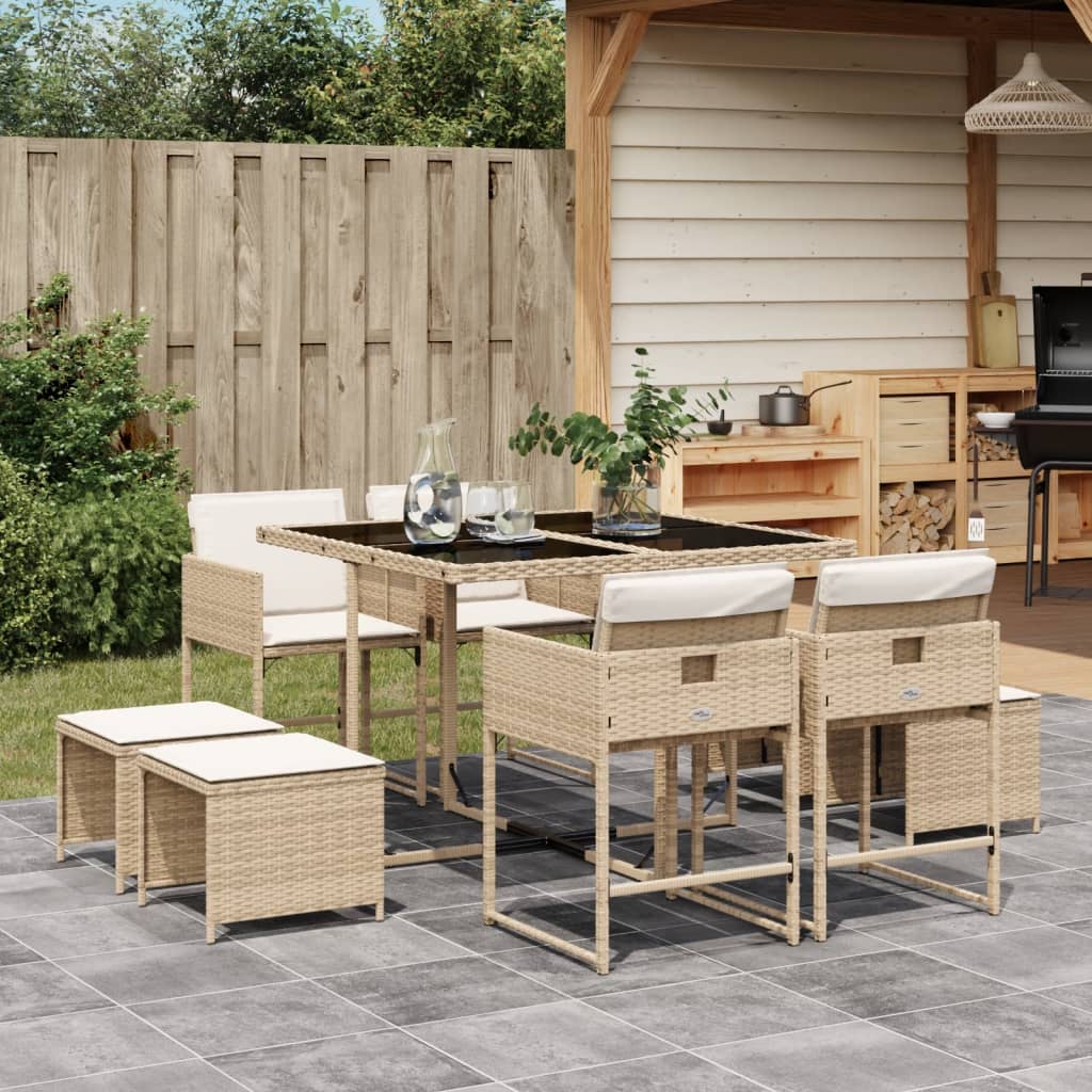 Vetonek Set comedor de jardín 9 pzas con cojines ratán sintético beige