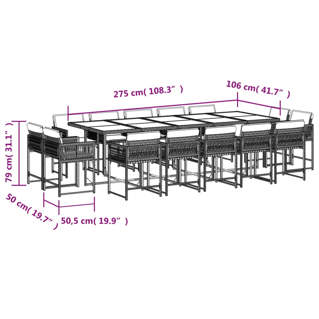 Set comedor de jardín con cojines 15 pzas ratán sintético gris - Vetonek