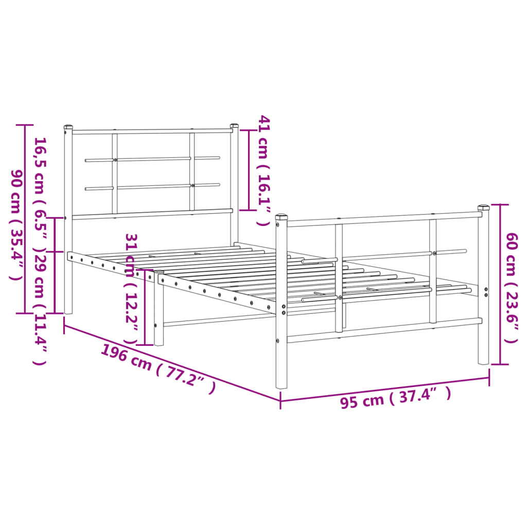 Estructura cama sin colchón con estribo metal negro 90x190 cm