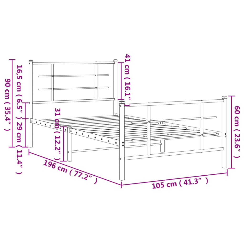 Estructura cama sin colchón con estribo metal negro 100x190 cm