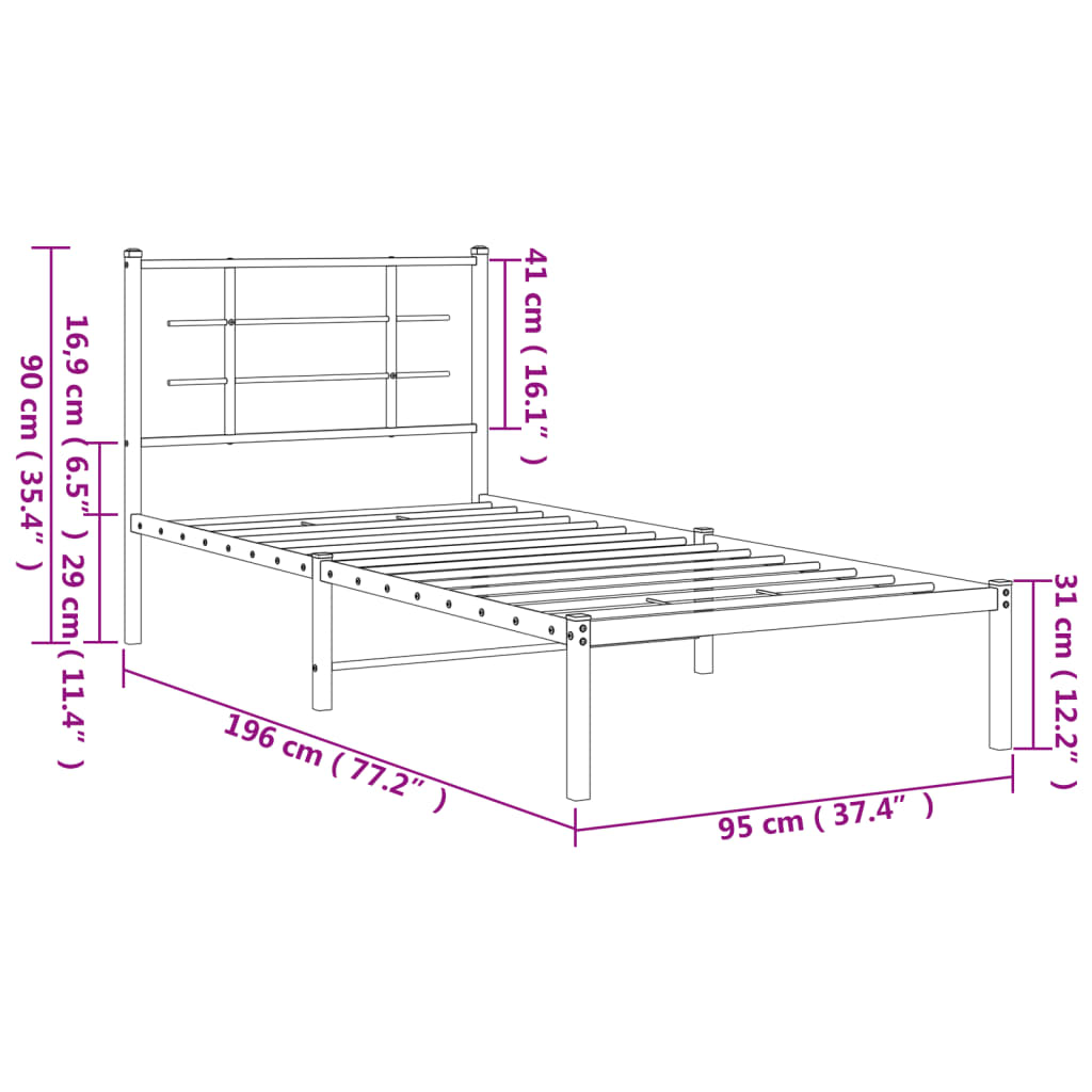 Bed without mattress with white metal headboard 90x190 cm