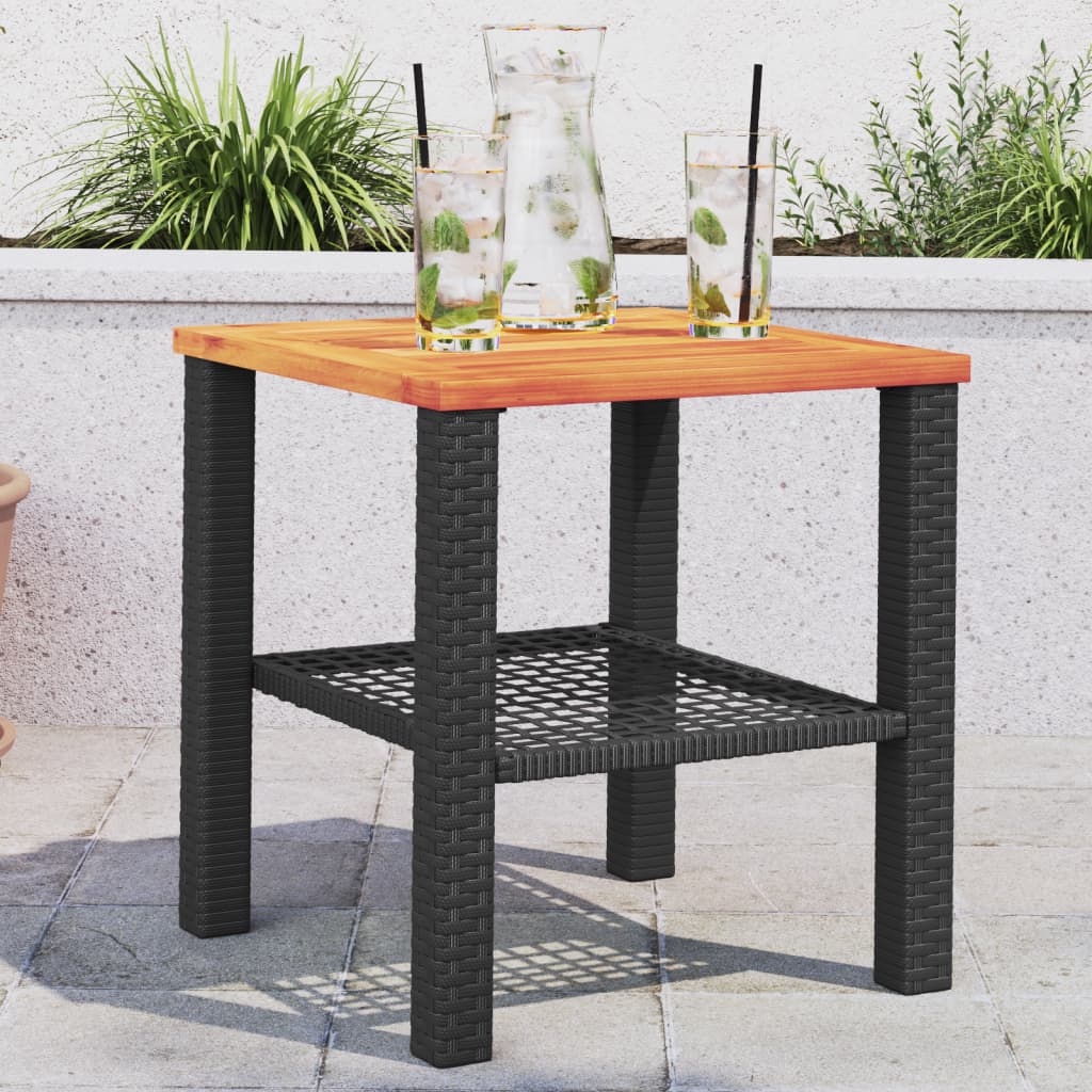 Mesa de jardín ratán sintético madera acacia negro 40x40x42 cm