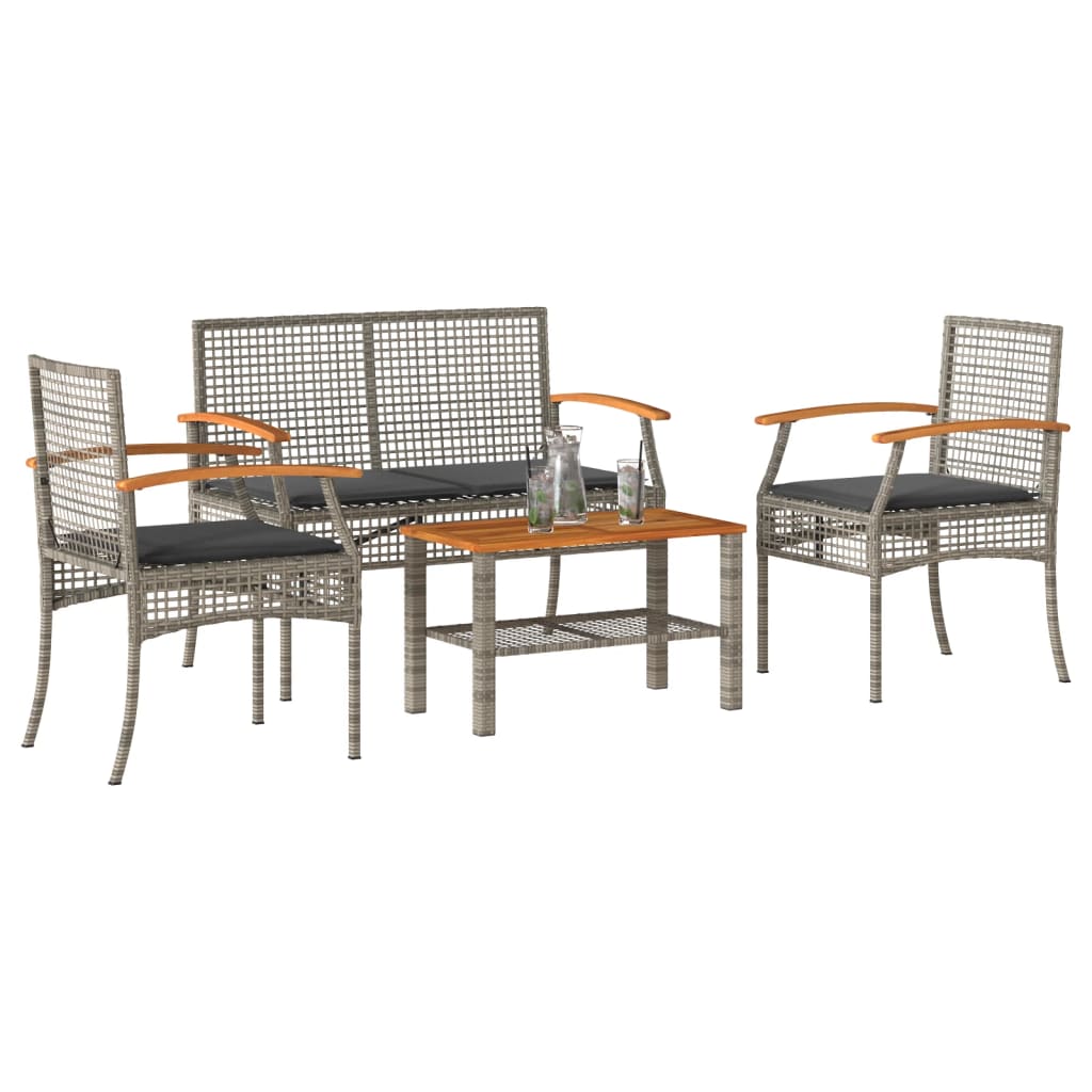 Vetonek Set de muebles de jardín 4 pzas y cojines ratán sintético gris