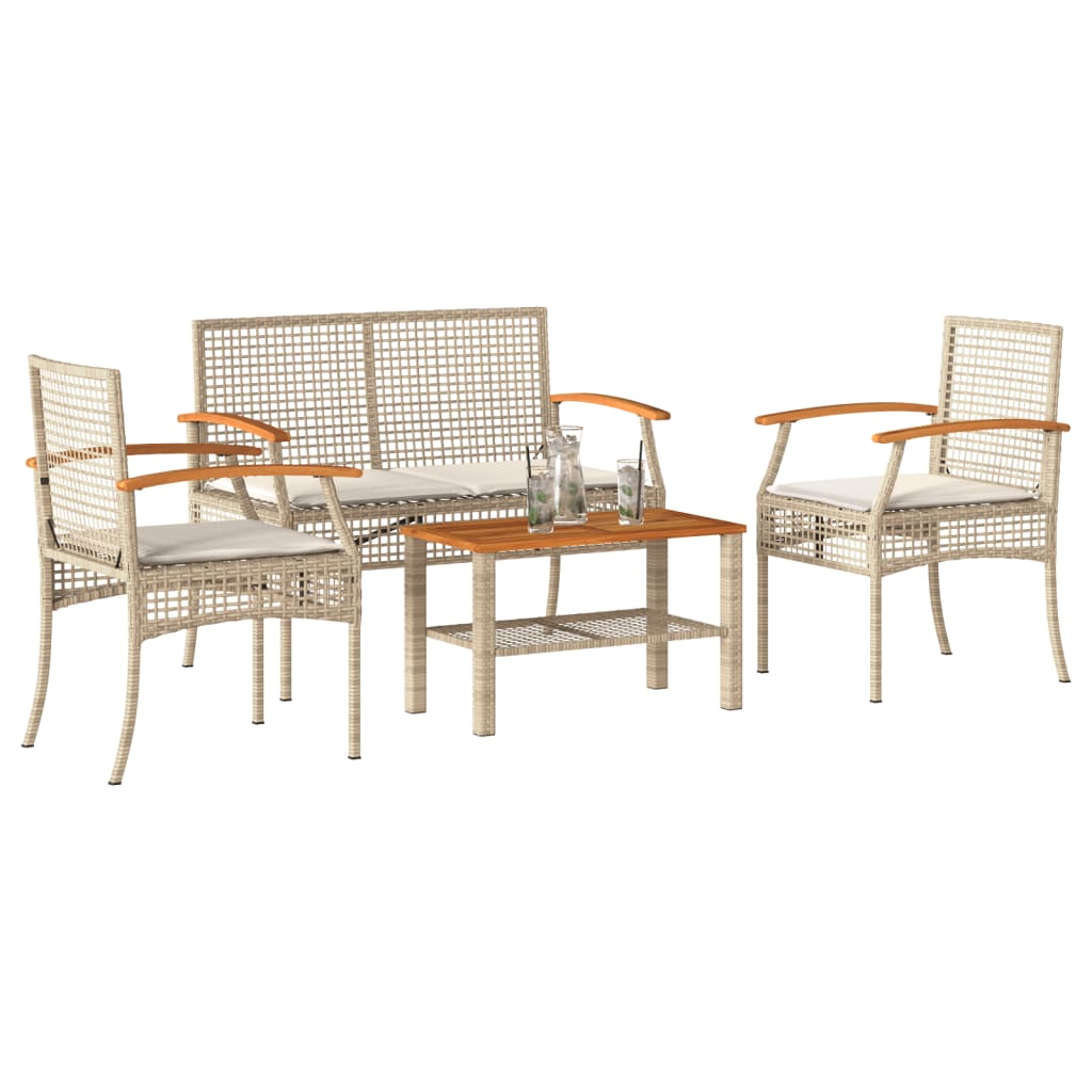 Vetonek Set muebles de jardín 4 piezas y cojines ratán sintético beige