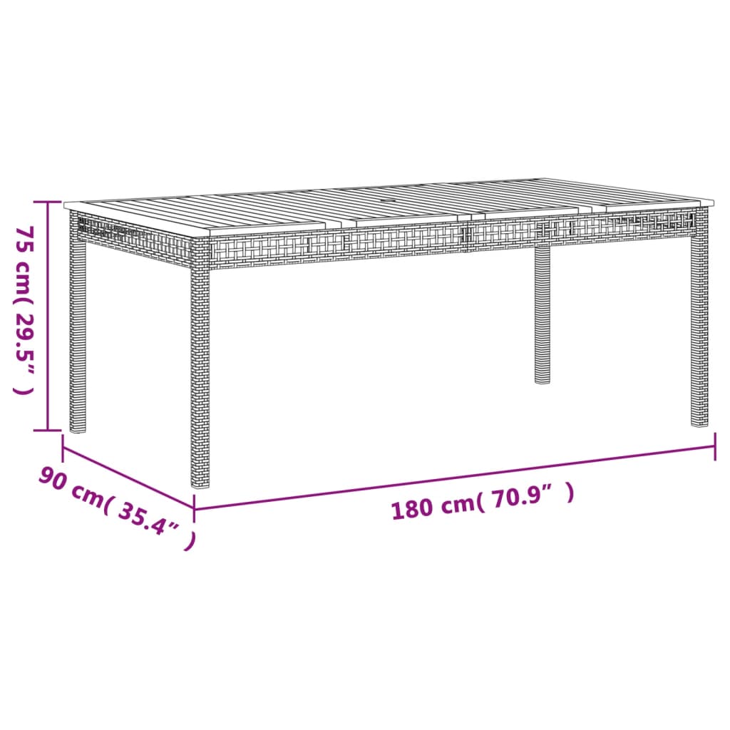 Mesa de jardín ratán sintético madera acacia negro 180x90x75 cm - Vetonek