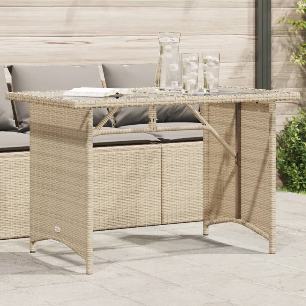 Vetonek Mesa de jardín superficie de vidrio ratán PE beige 110x68x70 cm