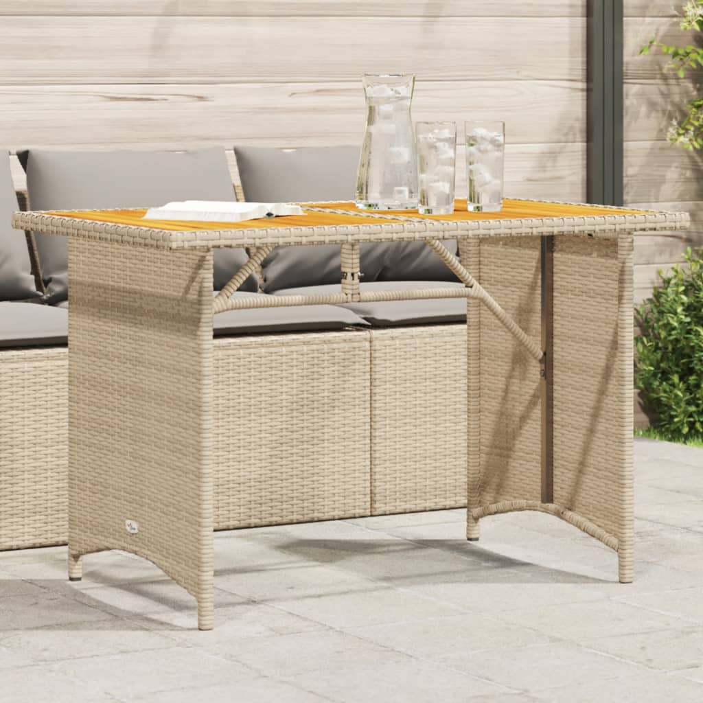 Vetonek Mesa de jardín superficie de madera ratán PE beige 110x68x70 cm