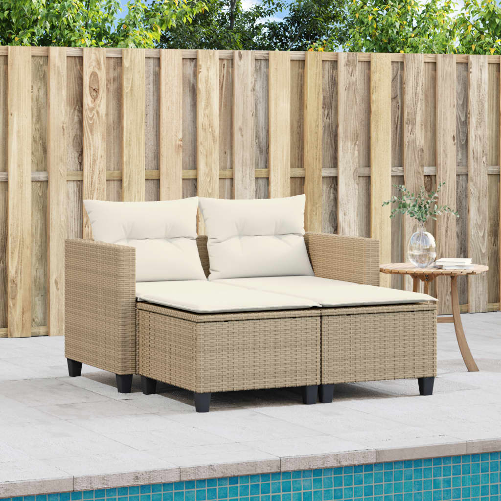 Divano da giardino a 2 sedili con tenda tenue e sgabelli di rattan pe beige