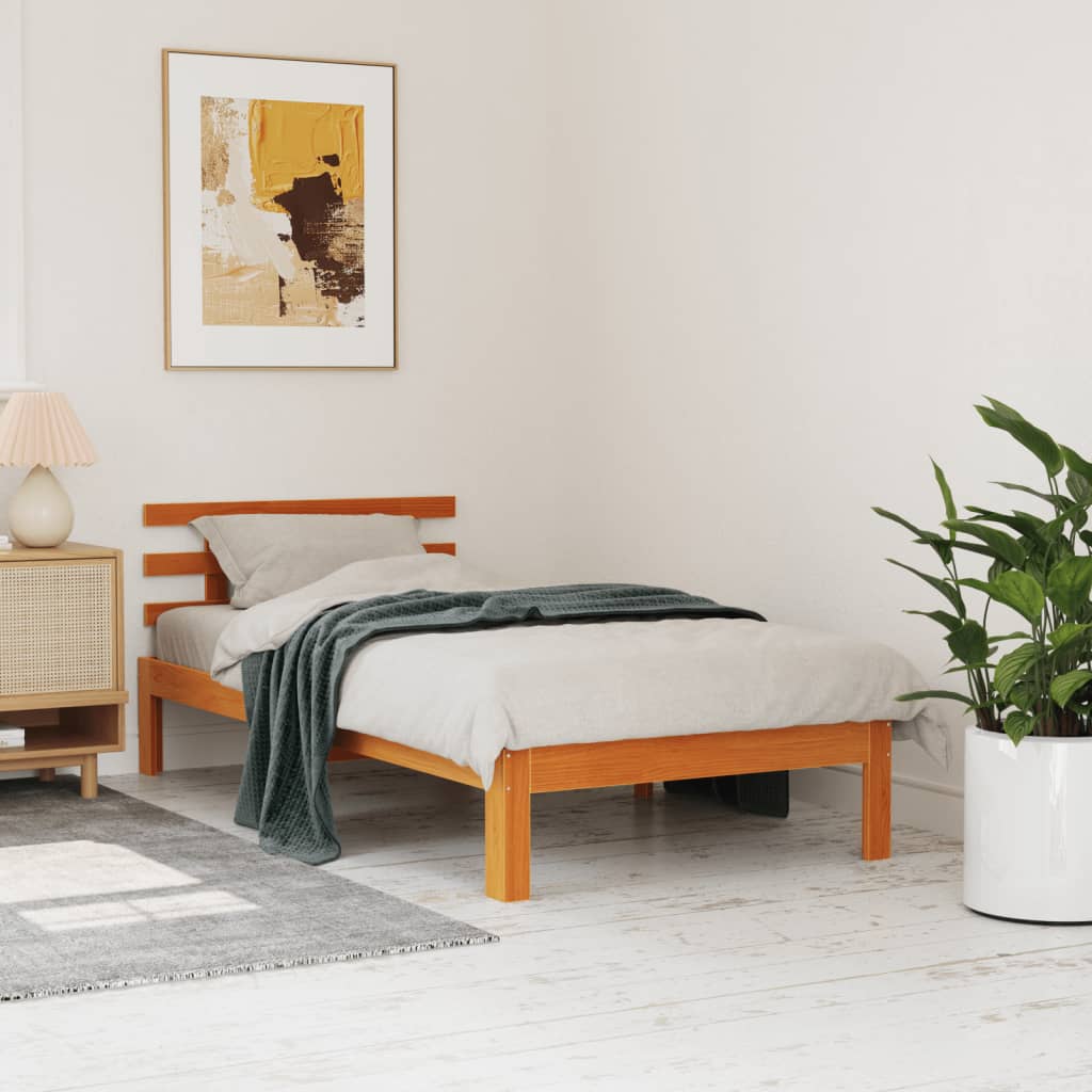 Vetonek Estructura cama con cabecero madera pino marrón cera 90x190 cm