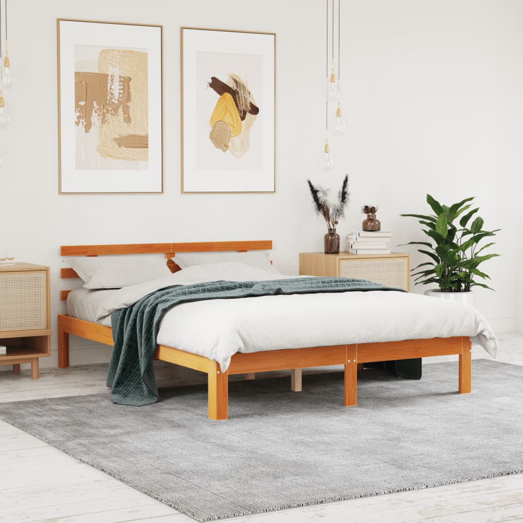 Vetonek Estructura cama con cabecero madera pino marrón cera 135x190 cm