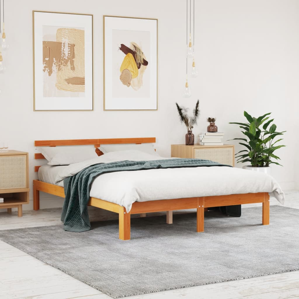 Vetonek Estructura cama con cabecero madera pino marrón cera 120x200 cm