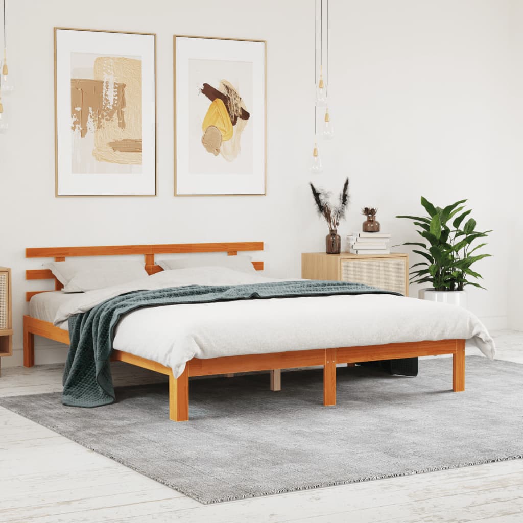 Vetonek Estructura cama con cabecero madera pino marrón cera 160x200 cm