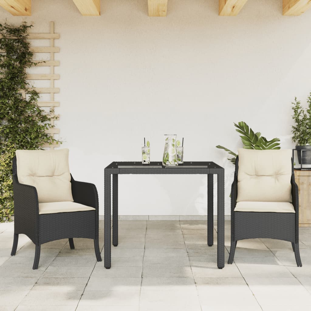 Vetonek Set comedor de jardín 3 pzas con cojines ratán sintético negro