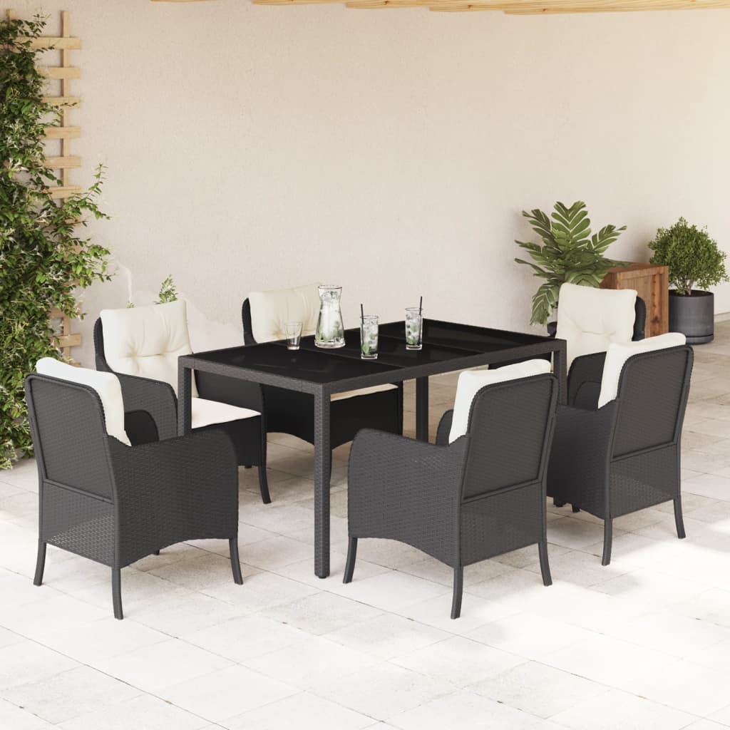 Vetonek Set de comedor de jardín 7 pzas y cojines ratán sintético negro