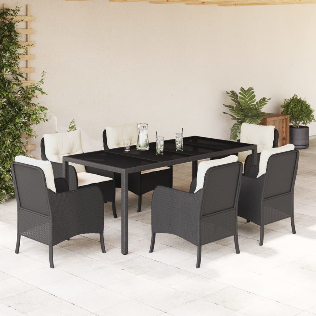 Vetonek Set de comedor de jardín 7 pzas y cojines ratán sintético negro