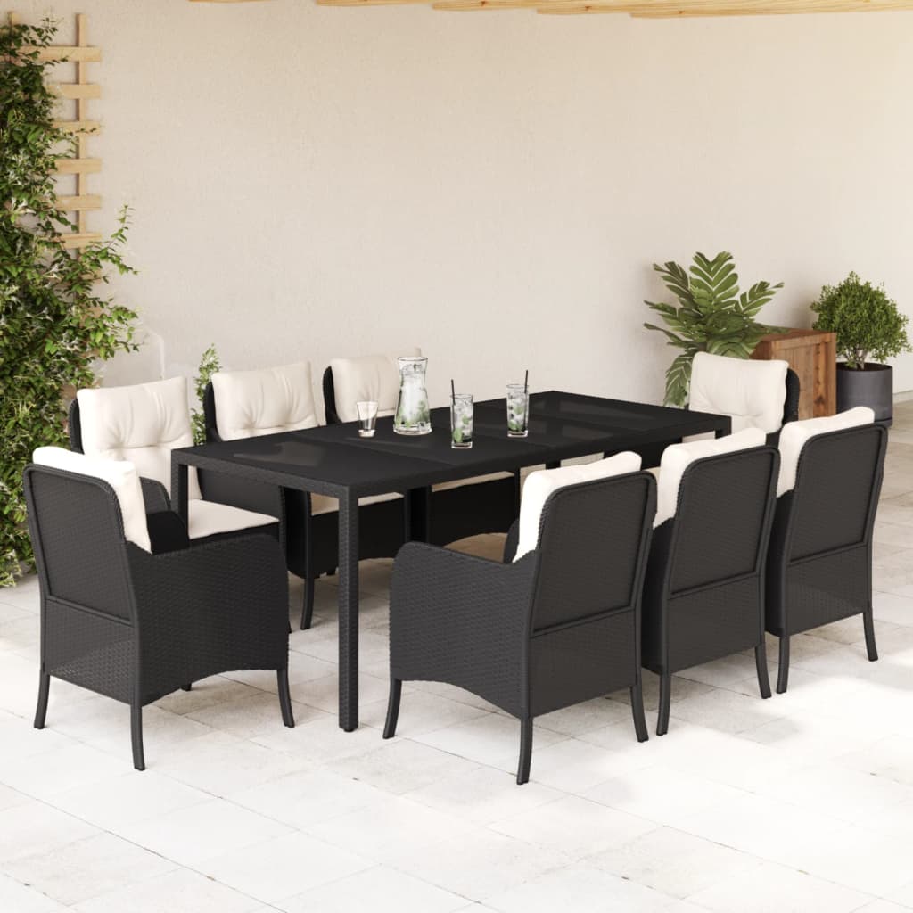 Vetonek Set de comedor de jardín 9 pzas y cojines ratán sintético negro