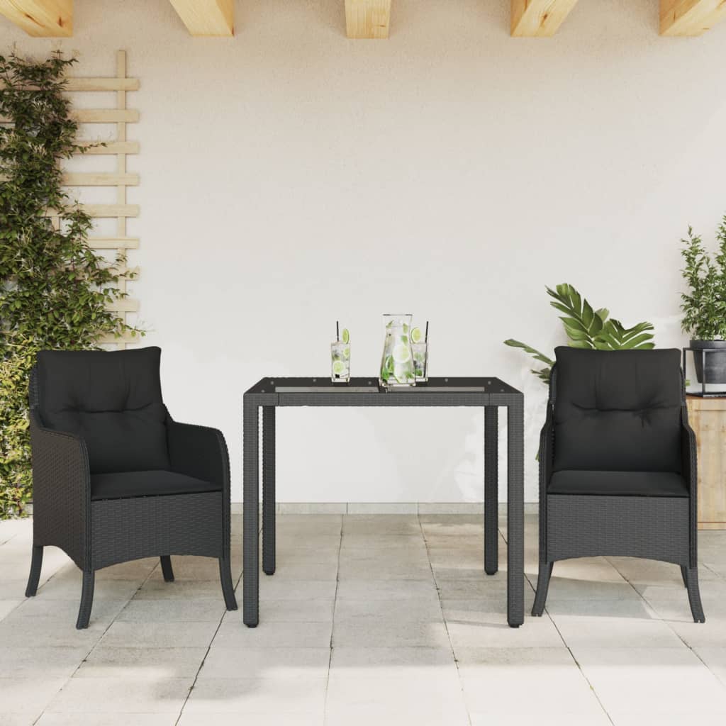 Vetonek Set comedor de jardín 3 pzas con cojines ratán sintético negro