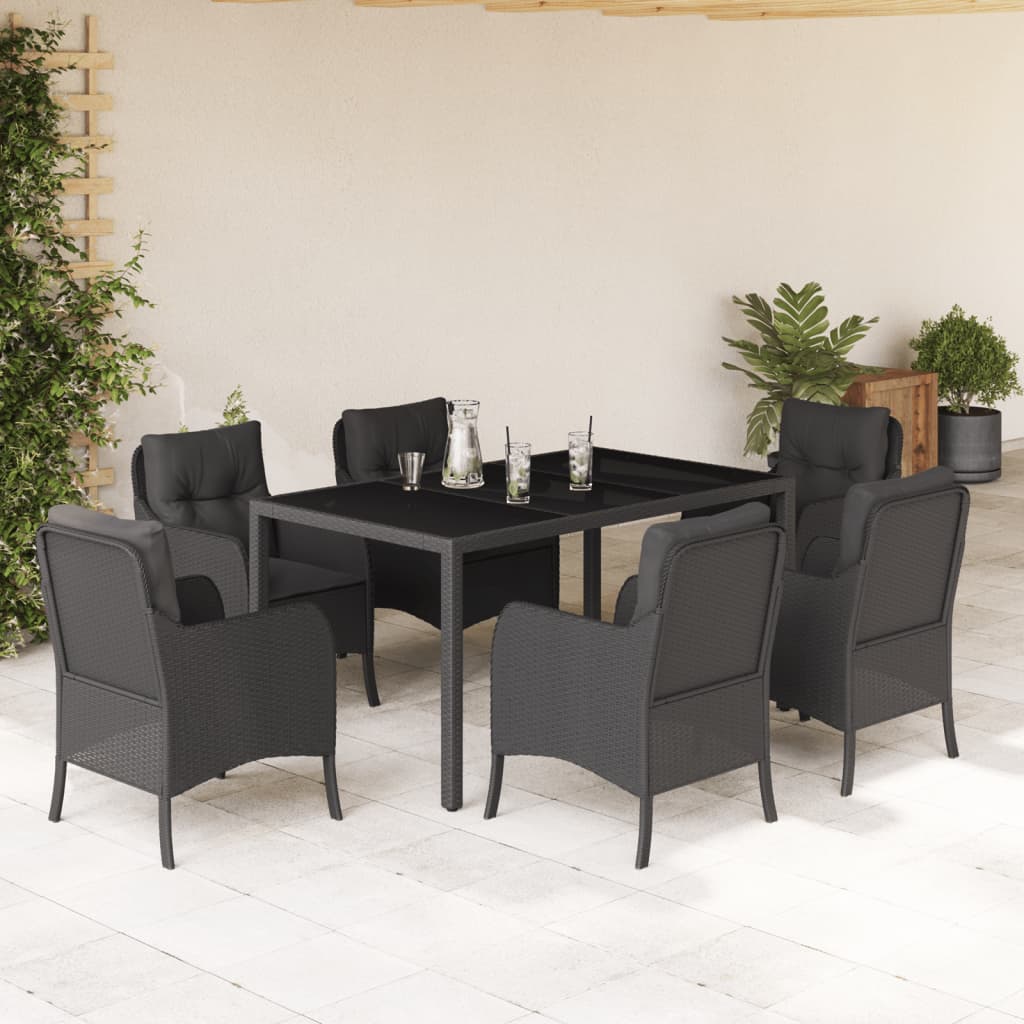 Vetonek Set de comedor de jardín 7 pzas y cojines ratán sintético negro