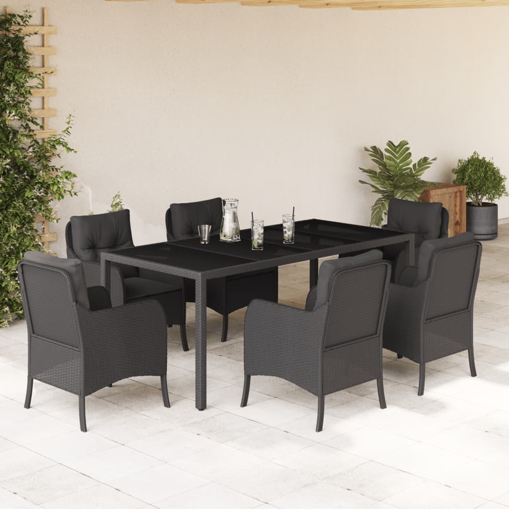 Vetonek Set de comedor de jardín 7 pzas y cojines ratán sintético negro