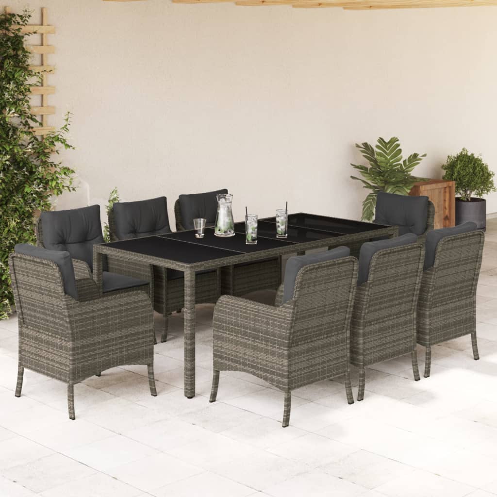 Vetonek Set comedor jardín 9 pzas y cojines ratán sintético gris