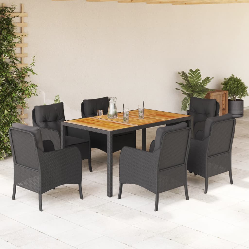 Vetonek Set de comedor de jardín 7 pzas y cojines ratán sintético negro