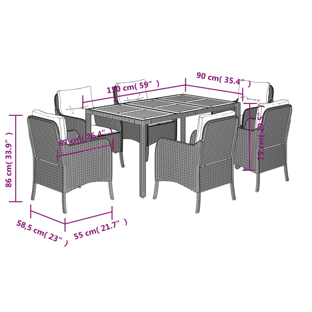 Set de comedor de jardín 7 pzas y cojines ratán sintético negro - Vetonek