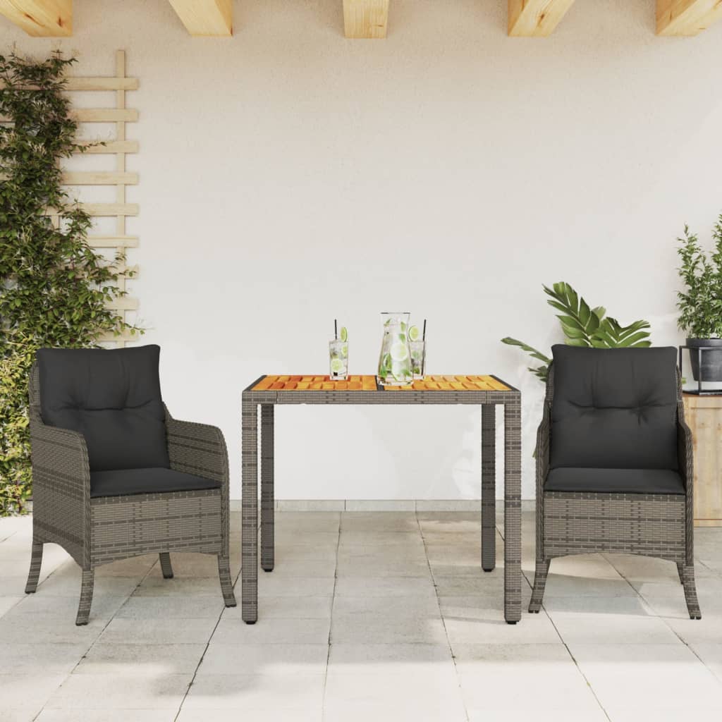 Vetonek Set comedor de jardín 3 piezas con cojines ratán sintético gris