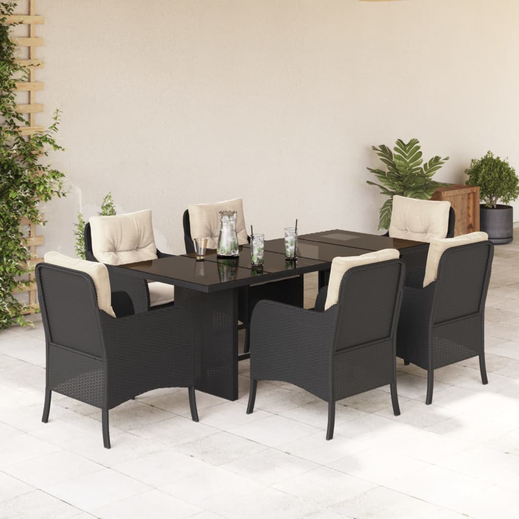 Vetonek Set de comedor de jardín 7 pzas y cojines ratán sintético negro