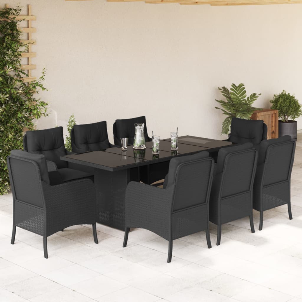 Vetonek Set de comedor de jardín 9 pzas y cojines ratán sintético negro